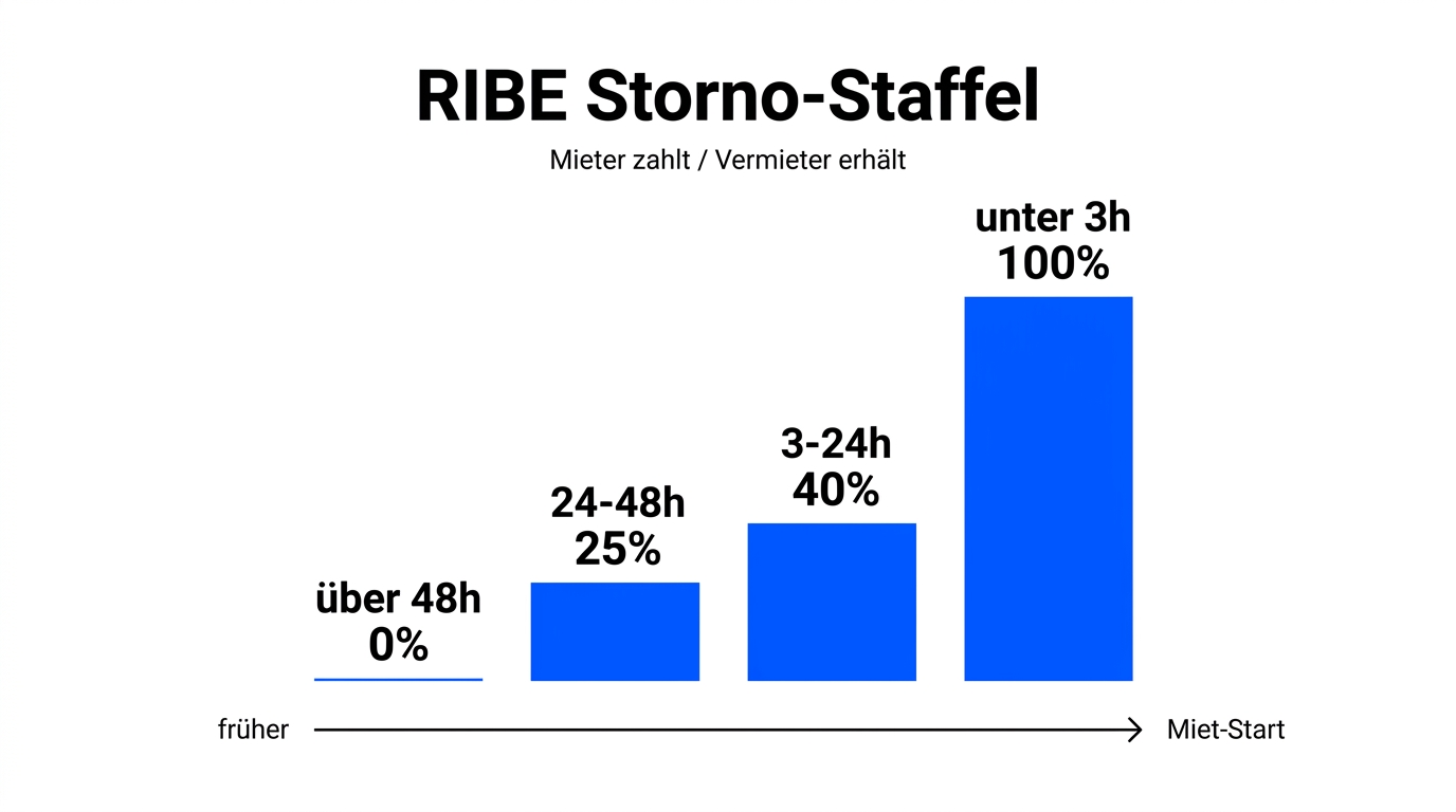 RIBE Storno-Staffel: über 48h 0 %, 24-48h 25 %, 3-24h 40 %, unter 3h 100 %